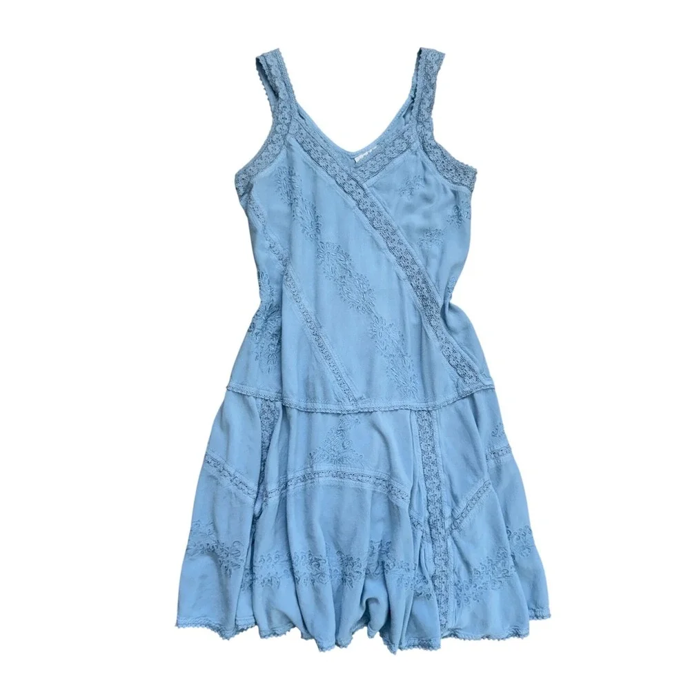 HolyClothing Light Blue Embroidered Lace Up Renaissance Fair Midi Dress XL/1X